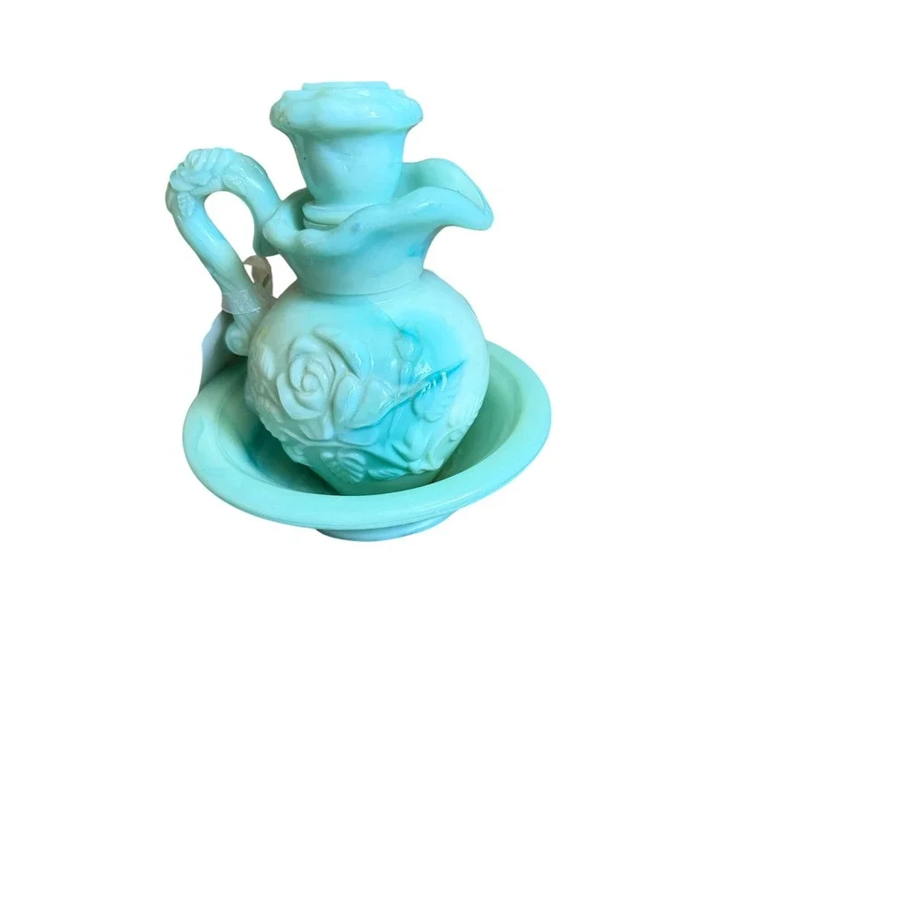 Vintage Avon Blue Milk Glass Rose Pitcher and Bowl Set Miniature Slag Glass 4in